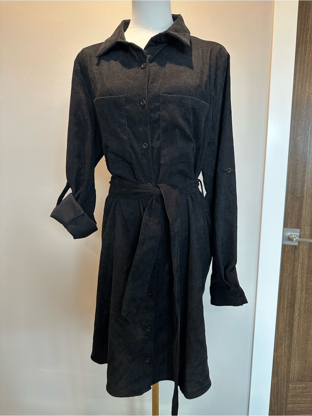 Women's Black Button-Front Shirt Dress with Waist Tie